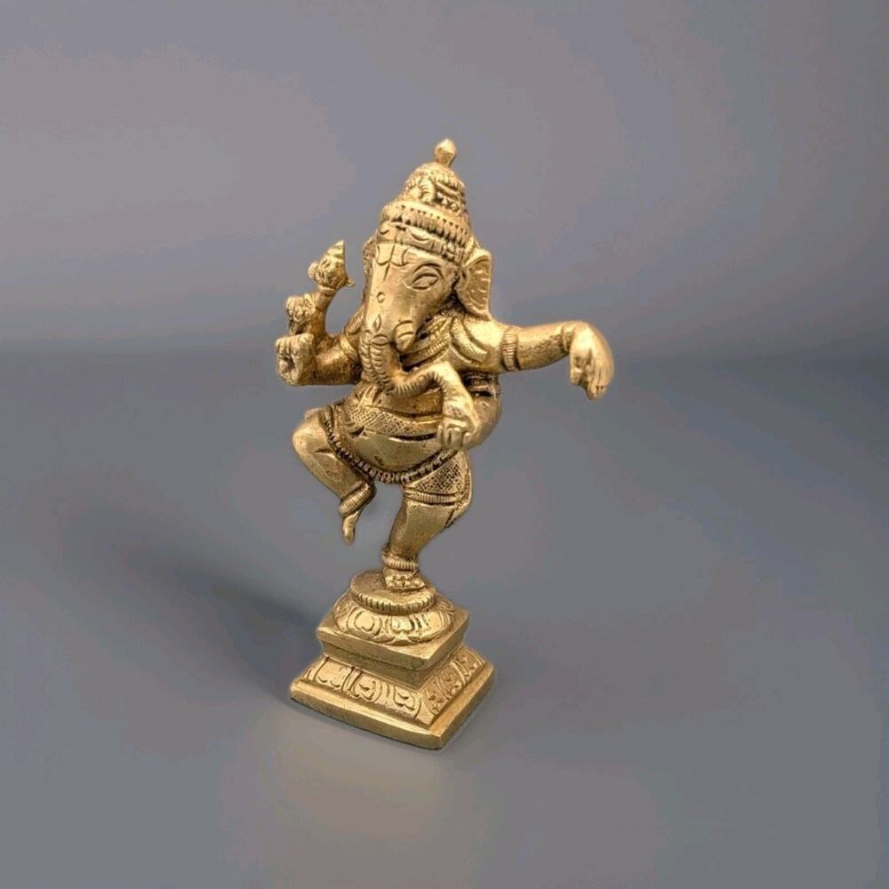 Brass Ganesha Statue Hinduism Handmade Collectible Figure 4.5" Vintage Pedestal